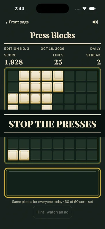 Stop the presses: the edition is over, all 60 sorts set, in the Gold Leaf theme.